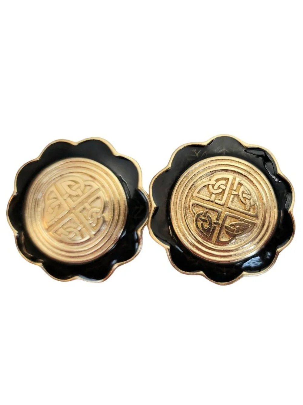 Gold Tone Black Enamel Celtic Knot Designer Style Clip-On Earrings, M549